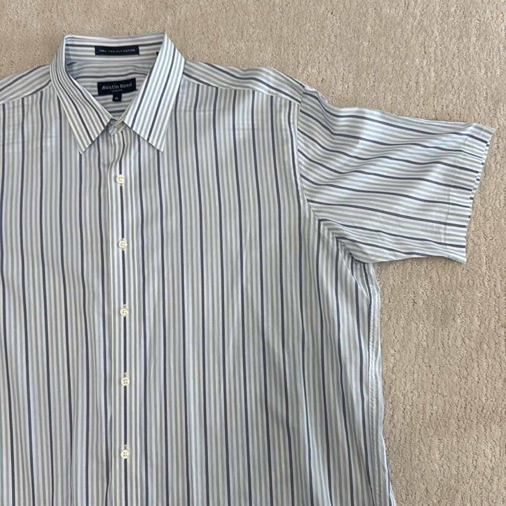 Austin Reed Men’s XL Short Sleeve Button Down 100% Cotton  Blue Striped Shirt‎ - Picture 3 of 12